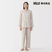 【MUJI 無印良品】女無側縫二重紗織長袖家居睡衣 L 米黃直紋