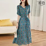 【初色】民族風圖騰印花收腰V領五分袖連衣裙連身洋裝長洋裝-花色-13197(M-2XL可選) M 花色