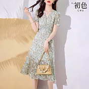 【初色】優雅風碎花拼接V領短袖雪紡中長連衣裙連身洋裝-花色-13193(M-2XL可選) M 花色