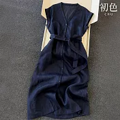 【初色】純色簡約風V領短袖單排釦中長連衣裙連身洋裝-藍色-13189(M-2XL可選) M 藍色