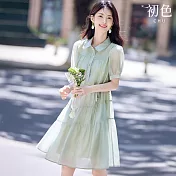 【初色】純色翻領短袖透膚拼接紗感襯衫連身裙中長裙連身洋裝-綠色-13172(M-2XL可選) M 綠色