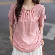 【初色】氣質風寬鬆純色圓領短袖水滴扣襯衫上衣女上衣-共2色-13140(M-2XL可選) L 粉紅色
