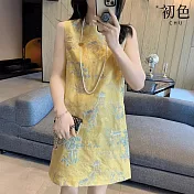 【初色】新中式撞色刺繡圓領無袖中長連衣裙連身洋裝-黃色-13224(M-XL可選) M 黃色