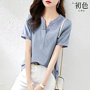 【初色】簡約風純色新中式盤扣輕薄寬鬆短袖T恤上衣女上衣-藍色-35355(M-2XL可選) 2XL 藍色