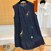 【初色】甜美薄款無袖刺繡圓領牛仔中長連衣裙連身洋裝-藍色-13684(M-2XL可選) M 藍色