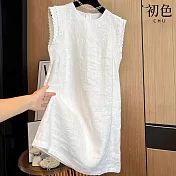 【初色】簡約棉麻風純色圓領蕾絲花邊無袖背心連衣裙連身洋裝長裙-白色-13686(M-2XL可選) M 白色