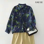 【AMIEE】棉麻長袖寬鬆襯衫上衣(KDTY-5082) FREE 藏青綠花