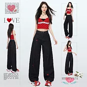 【MsMore】 深藍色愛心刺繡闊腿牛仔褲顯瘦直筒# 125854 S 藍色