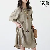 【初色】簡約亞麻重工刺繡圓領五分袖寬鬆中長裙連衣裙連身洋裝長裙-共2色-13722(M-2XL可選) XL 麻綠色