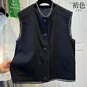 【初色】棉麻風圓領無袖輕薄寬鬆拼接疊穿背心上衣女上衣-共2色-13810(M-2XL可選) M 黑色