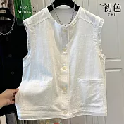 【初色】棉麻風圓領無袖輕薄寬鬆拼接疊穿背心上衣女上衣-共2色-13810(M-2XL可選) M 白色
