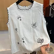 【初色】棉麻風拼接簡約刺繡蕾絲花邊圓領無袖背心寬鬆上衣女上衣-共2色-13725(M-2XL可選) M 白色