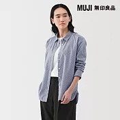 【MUJI 無印良品】女水洗平織布標準領長袖襯衫 S 暗藍直紋