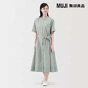【MUJI 無印良品】女涼感短袖襯衫洋裝 S 深綠直紋