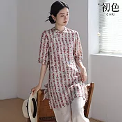 【初色】新中式圓領短袖印花開衩中長款襯衫上衣女上衣-花色-13737(M-2XL可選) M 花色