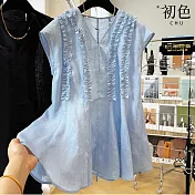 【初色】純色V領木耳邊造型後繫帶無袖馬甲上衣女上衣-共2色-13741(M-2XL可選) M 藍色