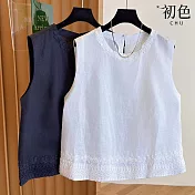 【初色】純色圓領刺繡花邊無袖馬甲背心襯衫上衣女上衣-共2色-13661(M-2XL可選) M 白色