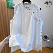 【初色】新中式純色圓領無袖盤扣開衩寬鬆背心上衣女上衣-共2色-13662(M-2XL可選) M 白色