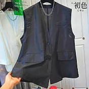 【初色】文藝風輕薄寬鬆純色兩粒釦V領無袖坎肩棉麻馬甲開衫襯衫上衣女上衣-共2色-13663(M-2XL可選) M 黑色