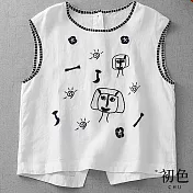 【初色】復古文藝森系圖案刺繡圓領無袖棉麻背心T恤上衣女上衣-共4色-13668(M-2XL可選) M 白色
