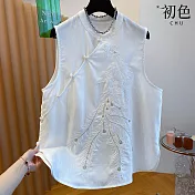【初色】新中式純色刺繡圓領無袖盤扣寬鬆背心上衣女上衣-共2色-13742(M-2XL可選) M 白色