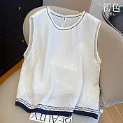 【初色】韓系刺繡撞色花邊圓領無袖馬甲背心上衣女上衣-共2色-13743(M-2XL可選) M 白色