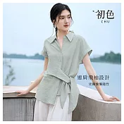 【初色】法式純色翻領短袖連肩飛袖收腰繫帶襯衫上衣女上衣-共2色-13844(M-2XL可選) 2XL 灰綠色