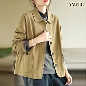 【AMIEE】休閒Polo領長袖短外套(KDCQ-443) L 卡其色