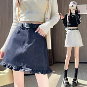 【MsMore】 木耳邊天絲牛仔半身裙顯瘦包臀A字防走光短裙# 125617 M 牛仔藍色