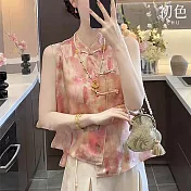 【初色】新中式涼爽圓領印花排扣無袖襯衫上衣女上衣-粉色-13859(M-2XL可選) M 粉色