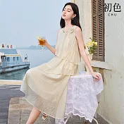 【初色】法式純色圓領無袖荷葉邊不規則下擺中長連衣裙連身洋裝-共2色-13861(M-2XL可選) M 杏色