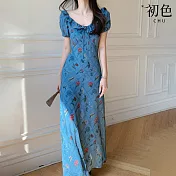 【初色】法式碎花修身顯瘦荷葉領綁帶澎袖連衣裙連身洋裝長洋裝-藍色-13863(M-2XL可選) M 藍色