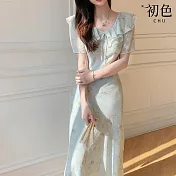 【初色】氣質印花圓領荷葉邊短袖綁帶收腰中長連衣裙連身洋裝-藍綠色-13864(M-2XL可選) M 藍綠色