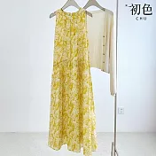 【初色】氣質輕薄圓領滿版印花無袖中長連衣裙連身洋裝-黃色-13866(M-2XL可選) M 黃色