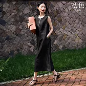 【初色】氣質純色肌理感龜裂紋釘珠圓領無袖背心裙中長連衣裙連身洋裝-黑色-13867(M-XL可選) M 黑色