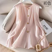 【初色】高雅純色圓領排扣無袖背心女背心-粉紅色-13883(M-2XL可選) M 粉紅色