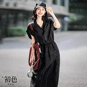 【初色】休閒假兩件肌理感龜裂紋鬆緊腰POLO領連肩短袖連衣裙連身洋裝長洋裝-黑色-13868(M-XL可選) M 黑色