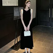 【初色】赫本風撞色拼接圓領無袖背心裙中長連衣裙連身洋裝-黑色-13879(M-XL可選) M 黑色