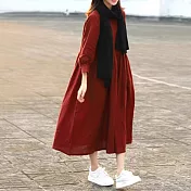 【ACheter】 棉麻色織8分袖娃娃寬鬆大碼長版洋裝# 125681 M 紅色