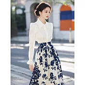 【MsMore】 名媛氣質小香風白色碎花長裙2件式套裝# 126009 M 白色