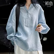 【初色】亞麻風防曬寬鬆休閒長袖排扣V領襯衫上衣女上衣-藍色-14935(M-2XL可選) M 藍色