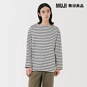【MUJI 無印良品】男水洗粗織船領九分袖T恤 S 柔白橫紋