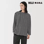【MUJI 無印良品】男水洗粗織船領九分袖T恤 S 黑橫紋