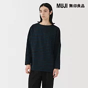【MUJI 無印良品】男水洗粗織船領九分袖T恤 S 深藍橫紋