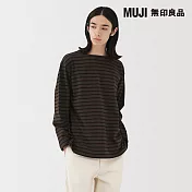 【MUJI 無印良品】男水洗粗織船領九分袖T恤 S 棕橫紋