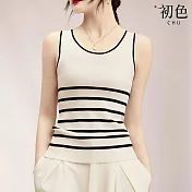 【初色】簡約圓領條紋冰絲針織打底無袖背心女背心-共2色-13930(F可選) F 白色