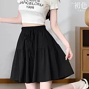 【初色】質感純色鬆緊腰綁帶高腰褲裙休閒褲寬褲短裙褲-共3色-13935(M-XL可選) M 黑色