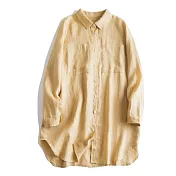 【ACheter】 棉麻長袖翻領襯衫寬鬆大貼袋中長款上衣# 126036 L 黃色