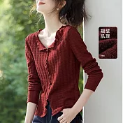 【MsMore】 糖果多巴胺肌理感褶皺分割開叉V領長袖上衣# 126042 M 紅色