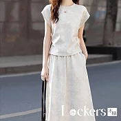 【Lockers 木櫃】圓領鬆緊暈染印花套裝 L114090403 花灰色M